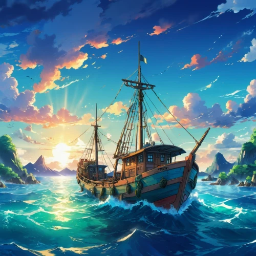 sea sailing ship,sea fantasy,ocean background,sailing ship,galleon,pirate ship,gangplank,sail ship,caravel,shipwreck,boat landscape,scarlet sail,schoolship,fishing boat,voyage,seafaring,commandeer,at sea,ship,the endless sea,Illustration,Japanese style,Japanese Style 03