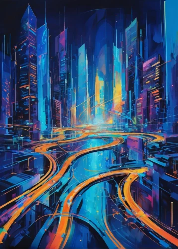 cityscape,city highway,colorful city,cybercity,metropolis,superhighways,cybertown,digitalism,futuristic landscape,city lights,city cities,cities,cityscapes,cityzen,urbanworld,electroluminescent,cyberscene,citylights,city scape,city at night,Conceptual Art,Oil color,Oil Color 20