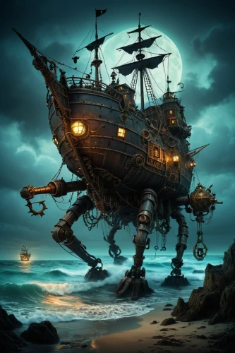 pirate ship,sea fantasy,galleon,shipwreck,shipwrecked,ghost ship,ship wreck,shipwrecks,aground,steampunk,fantasy picture,caravel,fantasy art,sunken ship,spelljammer,bathysphere,sea sailing ship,merchantman,the wreck of the ship,old ship,Illustration,Abstract Fantasy,Abstract Fantasy 01