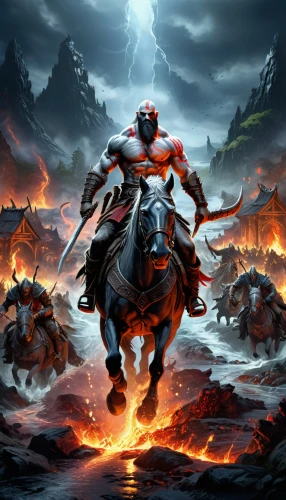 firelands,surtur,darkseid,darksiders,turrican,bronze horseman,gurren,warbound,kratos,horseman,volcanic,magma,fire background,garridos,svarog,helghast,shravana,khaine,game illustration,gotrek,Illustration,Realistic Fantasy,Realistic Fantasy 33