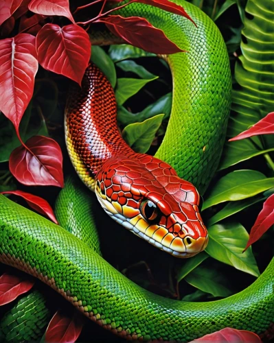 vipera,liophis,green python,tree python,pitviper,nonvenomous,green tree snake,keelback,green tree python,tree snake,reticulatus,morelia viridis,yellow python,lampropeltis,pantherophis,venomous snake,herpetofauna,lagarto,african house snake,maranta,Illustration,Realistic Fantasy,Realistic Fantasy 10