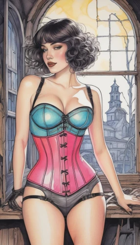 corset,baroness,corsets,manara,zatanna,corsetry,viveros,watercolor pin up,eldena,burlesques,zatara,selina,palmiotti,vampirella,madelyne,corseted,lilandra,fujiko,barmaid,fantasy woman,Illustration,Black and White,Black and White 24