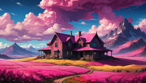 purple landscape,dreamhouse,witch's house,fantasy landscape,home landscape,lonely house,house in mountains,house in the mountains,pink grass,witch house,candyland,roof landscape,wonderland,wonderlands,dreamlands,little house,cartoon video game background,house silhouette,fairyland,background design,Conceptual Art,Fantasy,Fantasy 03