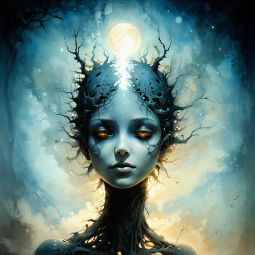 unseelie,mystical portrait of a girl,dryad,hecate,priestess,the enchantress,persephone,dryads,spriggan,hekate,behenna,fathom,seelie,niobe,queen of the night,sorceress,blue enchantress,faerie,naiad,norns,Illustration,Abstract Fantasy,Abstract Fantasy 18