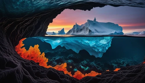 ice cave,ice castle,fractal environment,ice landscape,crevassed,the blue caves,cave on the water,blue caves,crevasse,3d background,metavolcanic,blue cave,fantasy landscape,cartoon video game background,grotte,glacial melt,3d fantasy,lava,fantasy picture,caverns,Photography,Artistic Photography,Artistic Photography 06