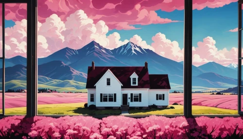 house silhouette,houses silhouette,home landscape,pink grass,lonely house,sakura background,house in mountains,paisaje,landscape background,dreamhouse,little house,house in the mountains,witch's house,house painting,purple landscape,cottage,houses clipart,japanese sakura background,summer cottage,bungalow,Illustration,Realistic Fantasy,Realistic Fantasy 09