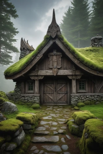 cartoon video game background,moss landscape,ancient house,witch's house,grass roof,longhouse,witch house,house in the forest,world digital painting,springhouse,traditional house,riftwar,wooden hut,home landscape,greenhut,wooden house,dojo,roof landscape,thatched cottage,wooden roof,Art,Classical Oil Painting,Classical Oil Painting 31