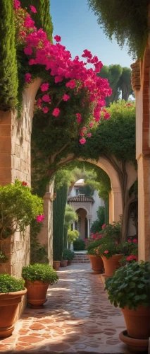 bougainvilleans,bougainvilleas,bougainvillea,provencal,rose arch,hacienda,archways,pergola,monastery garden,provencal life,masseria,alhambra,courtyards,landscaped,tunnel of plants,gardens,dorne,plant tunnel,bougainvillea azalea,andalucia,Illustration,Abstract Fantasy,Abstract Fantasy 02