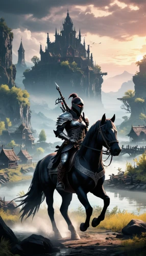 dragonlance,beleriand,highwayman,townsmen,fantasy picture,redwall,game illustration,fantasy art,heroic fantasy,arthurian,black horse,highwaymen,horseback,horseman,cuirassier,wiglaf,kingsnorth,foxhunting,neverwinter,kenway,Illustration,Realistic Fantasy,Realistic Fantasy 46