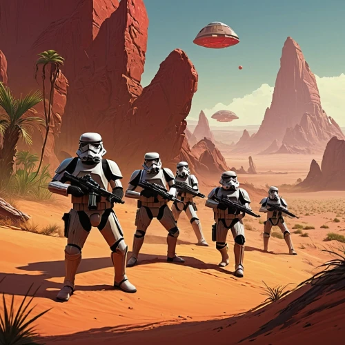 geonosis,mcquarrie,trooping,tatooine,katarn,stormtroopers,smugglers,storm troops,battlefront,guards of the canyon,contingents,patrols,vaderland,farpoint,troopers,yavin,troop,sector,desert background,desert,Conceptual Art,Sci-Fi,Sci-Fi 12