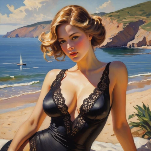 tretchikoff,retro pin up girl,pin-up girl,vettriano,donsky,pin up girl,retro pin up girls,guenter,pin ups,whitmore,pin-up girls,beach background,pin-up model,hildebrandt,retro woman,beach scenery,retro women,currin,world digital painting,vergara,Art,Classical Oil Painting,Classical Oil Painting 12