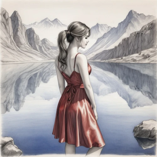 watercolor background,girl on the river,watercolor pin up,the blonde in the river,behenna,reine,aquarelle,delvaux,watercolor painting,glacial lake,photo painting,ariadne,mountainlake,water color,world digital painting,watercolor,naiad,lago grey,eilonwy,enchantments,Illustration,Black and White,Black and White 30