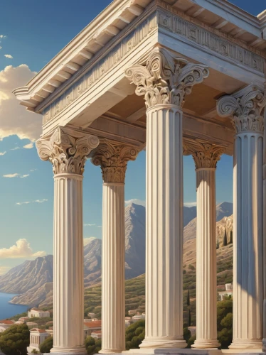 greek temple,doric columns,three pillars,pillars,pillar capitals,roman columns,columns,laodicea,classical antiquity,neoclassical,zappeion,ephesus,neoclassicism,house with caryatids,pergamum,acropolis,peristyle,neoclassicist,entablature,pergamon,Illustration,Retro,Retro 16