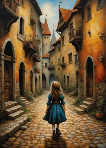 medieval street,girl walking away,world digital painting,children's background,little girl in wind,fantasy picture,escher village,knight village,ruelle,townscapes,the cobbled streets,gekas,little girl with umbrella,townsmen,medieval town,village street,gretel,narrow street,fairy tale,little girl with balloons,Illustration,Realistic Fantasy,Realistic Fantasy 34