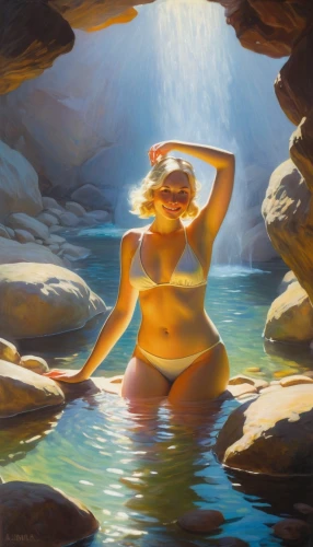 the blonde in the river,thermal spring,naiad,bather,fischl,hildebrandt,underwater background,nereid,cave girl,naiads,merfolk,woman at the well,water nymph,amphitrite,mermaid background,tiber riven,world digital painting,canyoneering,sirene,fantasy picture,Art,Classical Oil Painting,Classical Oil Painting 20