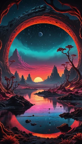 alien planet,alien world,futuristic landscape,fantasy landscape,fire planet,rift,planet alien sky,acid lake,vast,lunar landscape,volcanic,space art,beautiful wallpaper,art background,lava,kaleidoscape,fire background,horizon,cartoon video game background,volcanic landscape,Illustration,Realistic Fantasy,Realistic Fantasy 40