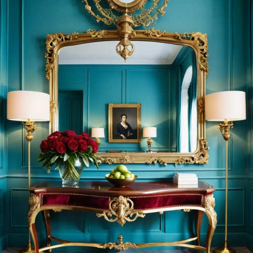 enfilade,malplaquet,decorative frame,gold stucco frame,art deco frame,dressing table,ritzau,zoffany,blue room,claridge,lanesborough,biedermeier,chambre,baccarat,sevres,overmantel,interior decor,mirror frame,aubusson,gustavian,Photography,General,Realistic