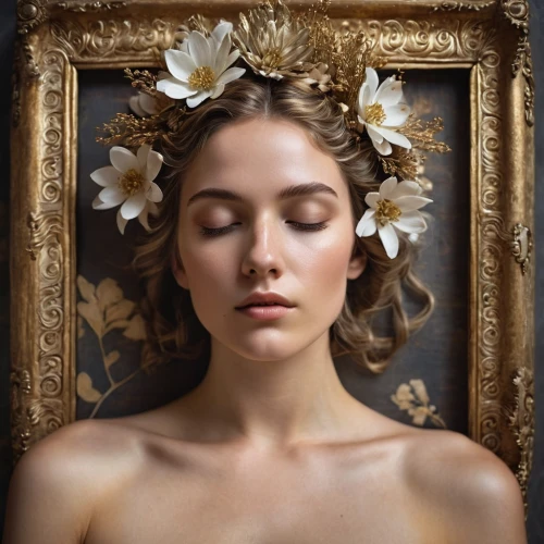 girl in a wreath,flower crown of christ,ophelia,laurel wreath,girl in flowers,flower crown,floral wreath,diwata,mystical portrait of a girl,baroque angel,gentileschi,jingna,golden wreath,portrait of a girl,blooming wreath,wreath of flowers,the sleeping rose,retouching,gold crown,romantic portrait,Photography,General,Commercial
