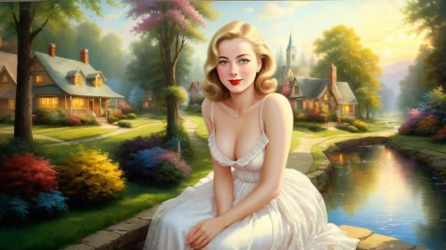 the blonde in the river,fantasy picture,marylyn monroe - female,lachapelle,blonde woman,marilyn monroe,woman with ice-cream,fantasy woman,ninfa,retro pin up girl,landscape background,fantasy art,girl in the garden,secret garden of venus,pin-up girl,fairy tale character,world digital painting,vintage woman,art painting,fantasy girl