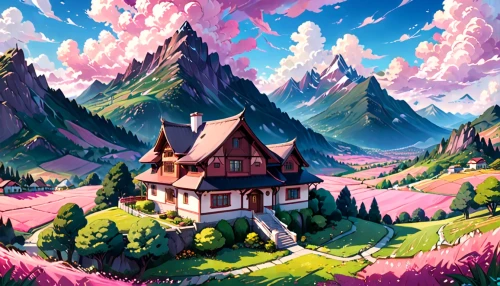 alpine village,house in mountains,mountain village,mountain settlement,house in the mountains,alpine landscape,home landscape,mountain scene,fantasy landscape,mountain landscape,landscape background,aurora village,bernese highlands,fairy village,mountain huts,high alps,mountainous landscape,witch's house,purple landscape,butka,Anime,Anime,Traditional