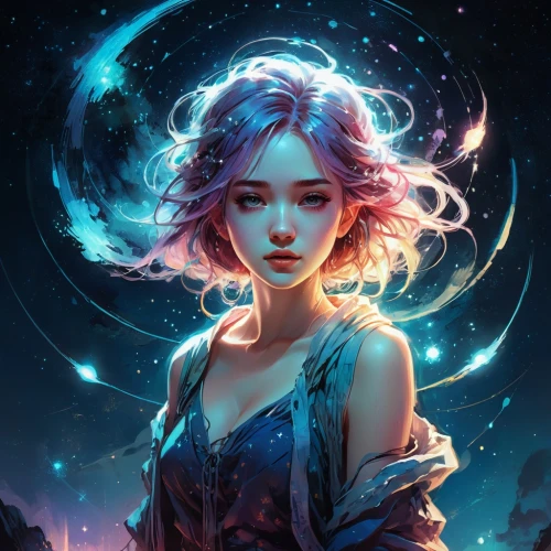 fantasy portrait,luna,zodiac sign libra,cielo,monocerotis,lunar,zodiac sign gemini,mystical portrait of a girl,llyra,aurora,libra,indigo,nebula,zodiac sign leo,fae,world digital painting,diana,digital art,diwata,demelza,Illustration,Realistic Fantasy,Realistic Fantasy 15