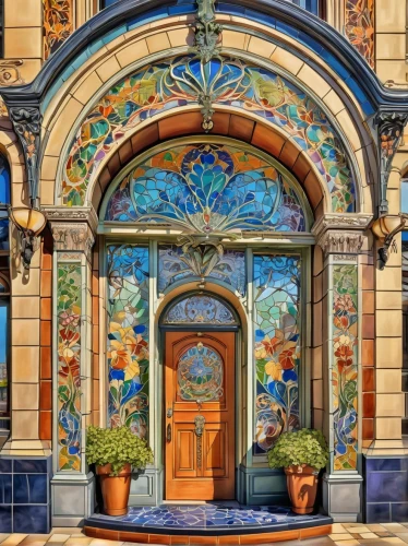 sicily window,azulejos,colorful facade,portal,garden door,front door,ventanas,azulejo,maiolica,spanish tile,valparaiso,ventana,barcelona,window front,cloisonne,art nouveau frame,puertas,mosaic glass,ornate,entryway,Illustration,American Style,American Style 13