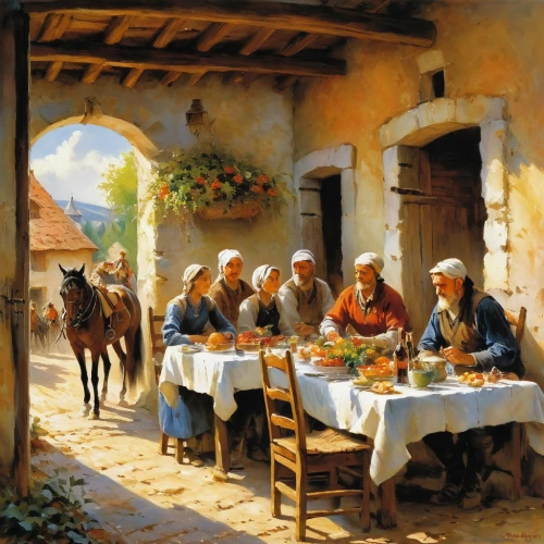 emmaus,ristorante,posada,pilgrims,trattoria,macchiaioli,trattorias,bosniaks,serenata,village scene,alpine restaurant,holy supper,agricultural scene,almsgiving,christ feast,moldavians,dining,napoletana,soup kitchen,bosnias,Conceptual Art,Oil color,Oil Color 03