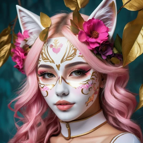 fantasy portrait,masquerade,digital painting,flower cat,face paint,ostara,blossom kitten,pink cat,krita,diwata,spring unicorn,world digital painting,miqati,kommuna,venetian mask,faerie,digital art,set of cosmetics icons,face painting,cosmetic,Photography,Artistic Photography,Artistic Photography 08