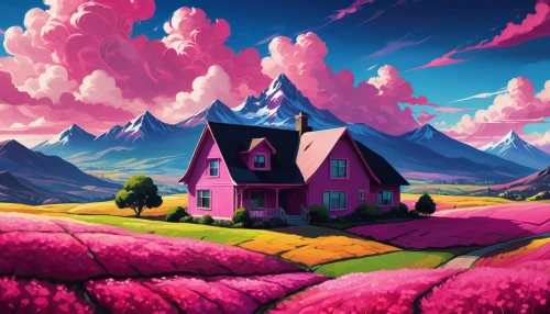 purple landscape,pink grass,home landscape,landscape background,cartoon video game background,lonely house,fantasy landscape,mushroom landscape,paisaje,roof landscape,candyland,dreamhouse,house in mountains,futuristic landscape,beautiful wallpaper,high landscape,mountain landscape,background design,witch's house,landscape rose,Conceptual Art,Fantasy,Fantasy 03