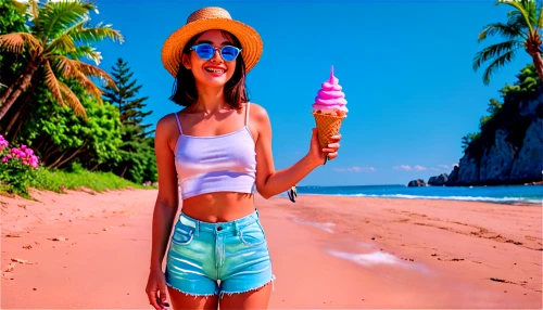 woman with ice-cream,lolly,summer background,bahama,beach background,candy island girl,pink ice cream,neon ice cream,coladas,colada,haulover,vacansoleil,milkshake,pink hat,aglycone,pink beach,straw hat,summer hat,coconut hat,ice pop,Conceptual Art,Sci-Fi,Sci-Fi 27