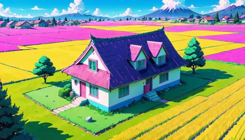 lonely house,pink grass,little house,home landscape,small house,blooming field,butka,farm,countryside,roof landscape,rural,farmhouse,crispy house,plains,farm house,ricefield,summer cottage,cottage,pink squares,lavender field,Anime,Anime,Traditional