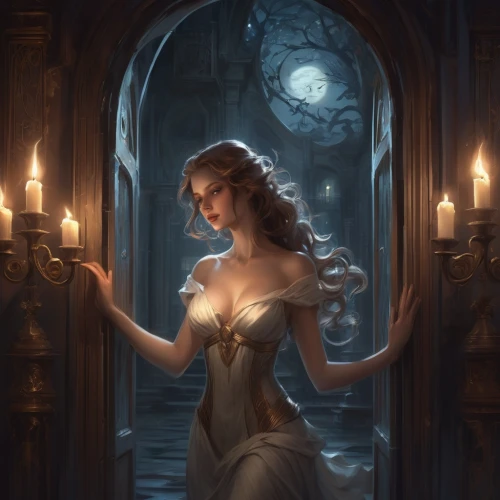 margaery,nightdress,vestal,lady of the night,candlemaker,megara,galadriel,sorceress,candlelight,enchantment,cinderella,belle,candlelit,sigyn,ravenloft,margairaz,fantasy portrait,peignoir,romantic portrait,fairest,Conceptual Art,Fantasy,Fantasy 01