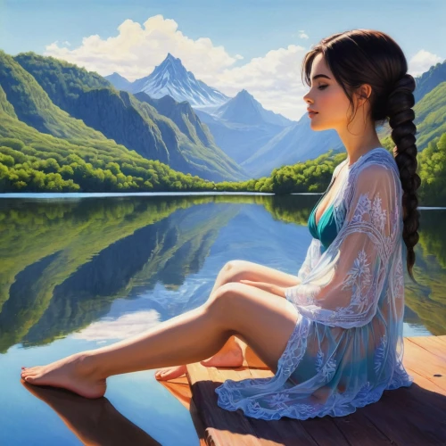 serene,world digital painting,landscape background,girl on the river,fantasy picture,idyll,relaxed young girl,idyllic,serenity,girl sitting,tranquillity,donsky,meditative,fantasy art,quietude,tranquility,art painting,katara,mystical portrait of a girl,meditation,Illustration,Black and White,Black and White 16