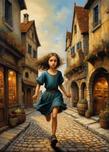 little girl in wind,little girl running,girl walking away,eilonwy,world digital painting,little girl twirling,gekas,children's background,gretel,flying girl,fantasy picture,girl in a historic way,storybook character,fairy tale character,cendrillon,townscapes,girl with bread-and-butter,serafina,hamelin,merida,Illustration,Realistic Fantasy,Realistic Fantasy 34