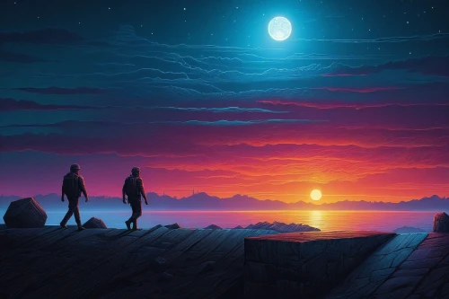 beautiful wallpaper,travelers,moon and star background,horizon,skywatchers,the horizon,moonrise,couple silhouette,dusk,dusk background,world digital painting,explorers,moonwalked,hd wallpaper,digital painting,silhouette art,digital art,moon and star,lunar landscape,sci fiction illustration,Illustration,Realistic Fantasy,Realistic Fantasy 25