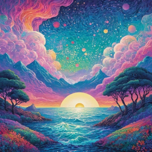 purple landscape,dreamscape,sea landscape,psychedelia,kaleidoscape,an island far away landscape,coast sunset,beach landscape,coastal landscape,ocean paradise,mushroom landscape,dmt,fantasy landscape,delight island,dreamscapes,seascape,lsd,acid lake,ocean,horizons,Conceptual Art,Daily,Daily 31