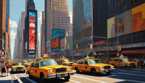 new york taxi,new york,newyork,time square,world digital painting,new york streets,taxicabs,cityscapes,photorealist,city scape,struzan,times square,levinthal,taxis,nyclu,manhattan,colorful city,feitelson,yellow taxi,big apple,Illustration,American Style,American Style 09