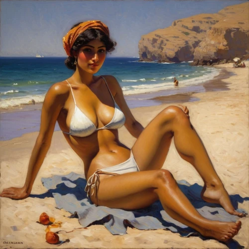 tretchikoff,verano,woman with ice-cream,bluemner,beachcomber,beach landscape,guenter,beachgoer,hawaiiana,bronzing,beachwear,palizzi,domergue,pin-up girl,bather,pittura,retro pin up girl,whitmore,hildebrandt,retro woman,Art,Classical Oil Painting,Classical Oil Painting 32