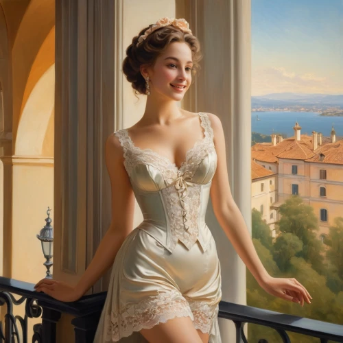 evening dress,principessa,romantic portrait,italian painter,wedding dress,wedding gown,a girl in a dress,bridal gown,girl in a long dress,wedding dresses,pizzo,bridal dress,donsky,a charming woman,young woman,girl in white dress,noblewoman,art deco woman,juliet,sposa,Art,Classical Oil Painting,Classical Oil Painting 40