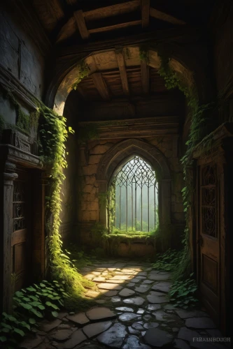 hall of the fallen,doorways,the threshold of the house,passageway,dandelion hall,threshold,labyrinthian,witch's house,nargothrond,threshhold,passageways,archways,corridors,pathway,abandoned place,doorway,ruins,lost place,mausoleum ruins,hollow way,Art,Classical Oil Painting,Classical Oil Painting 36