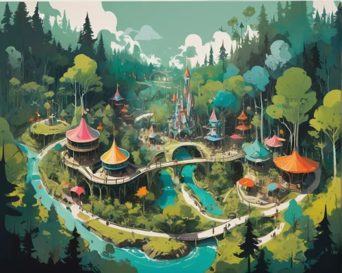 fairy village,shambhala,fairy world,cartoon forest,rivendell,elves country,scandia gnomes,fairy forest,fantasy world,smallworld,elven forest,fantasyland,ecotopia,mushroom landscape,fairyland,studio ghibli,fantasy city,munchkinland,hinterlands,dreamlands,Conceptual Art,Fantasy,Fantasy 10