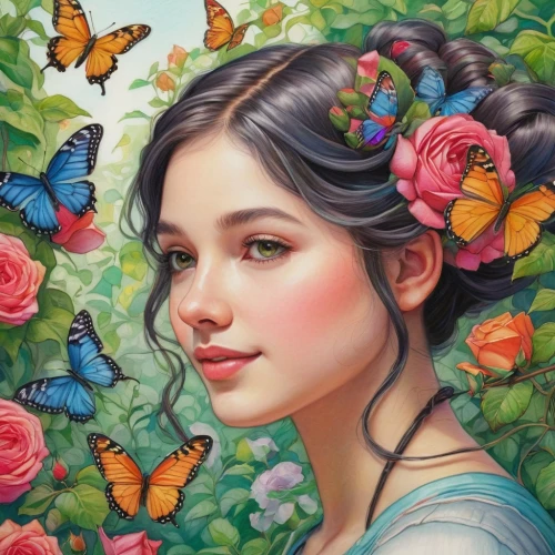 diwata,julia butterfly,girl in flowers,butterflies,mariposa,girl in the garden,butterfly background,beautiful girl with flowers,mariposas,butterfly floral,fantasy portrait,ulysses butterfly,flower fairy,gardenias,rosa 'the fairy,juliet,jasmine blossom,girl picking flowers,young girl,flower painting,Illustration,Paper based,Paper Based 01