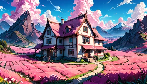 home landscape,purple landscape,lonely house,house in mountains,pink grass,alpine village,dreamhouse,house in the mountains,witch's house,fantasy landscape,little house,roof landscape,mountain village,mountain settlement,wonderland,fairy village,butka,aurora village,cottage,knight village,Anime,Anime,Traditional