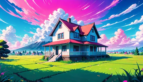 lonely house,dreamhouse,little house,home landscape,witch's house,house silhouette,summer cottage,roof landscape,butka,dreamsville,cottage,lowpoly,pink grass,earthbound,beautiful wallpaper,small house,homestead,background design,township,sylvania,Anime,Anime,Traditional