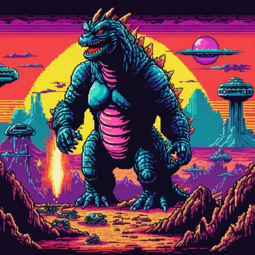 spacegodzilla,kaijuka,godzilla,kaiju,ladinos,gamera,baragon,zilla,gojira,dinos,upazilla,mechagodzilla,pixel art,80's design,dino,retro background,terrax,krang,dinosaur,4k wallpaper 1920x1080,Unique,Pixel,Pixel 04