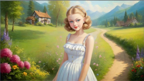 girl in a long dress,landscape background,springtime background,girl in the garden,dorthy,fantasy picture,girl in flowers,girl in white dress,countrywoman,woman with ice-cream,maureen o'hara - female,dirndl,spring background,country dress,marylyn monroe - female,heidi country,world digital painting,marilyn monroe,girl picking flowers,girl in a long