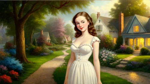 housemaid,gwtw,the girl in nightie,landscape background,maxon,duchesse,girl in the garden,housedress,fantasy picture,girl in a long dress,noblewoman,fairy tale character,landlady,romantic look,bridewealth,romantic portrait,cartoon video game background,nessarose,beren,housekeeper