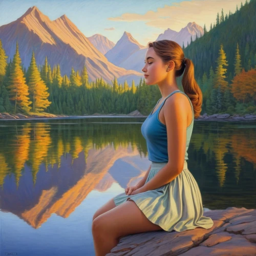 girl on the river,world digital painting,landscape background,heatherley,serene,art painting,donsky,welin,painting technique,girl sitting,idyllic,fantasy picture,jasinski,oil painting on canvas,oil painting,mystical portrait of a girl,nature background,idyll,girl in a long,morning illusion,Illustration,Black and White,Black and White 22