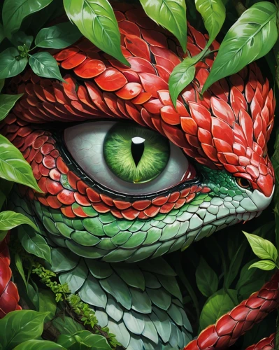 painted dragon,quetzalcoatl,lagarto,crocodile eye,dragon of earth,quetzal,serpiente,red and green,basilisk,green python,vipera,serpent,dragonja,green dragon vegetable,maguana,basiliscus,shenlong,reptile,krepon,green snake,Illustration,Realistic Fantasy,Realistic Fantasy 45