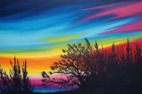 oil pastels,rainbow clouds,ocotillo,abstract rainbow,painting technique,painted tree,danxia,color fields,desert landscape,coast sunset,colori,intense colours,mountain sunrise,joshua trees,colorful light,dusk background,oil painting on canvas,desert desert landscape,oil on canvas,oil painting,Illustration,Realistic Fantasy,Realistic Fantasy 25